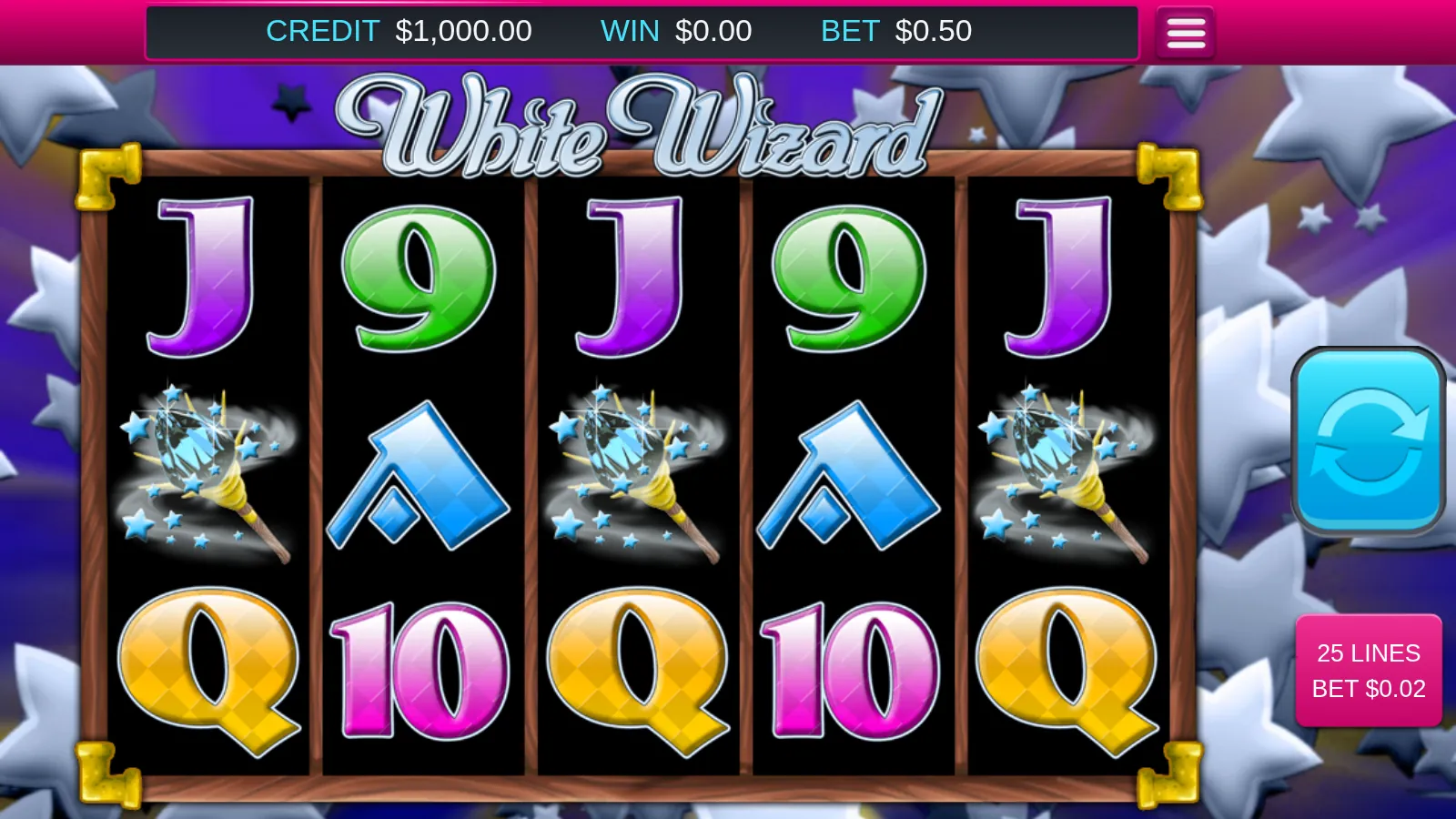 White Wizard reels showing wand symbols and card royals against a starry purple backdrop