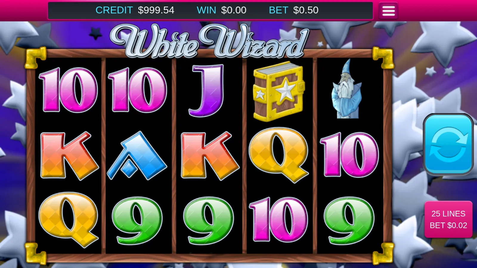 White Wizard reels with a Wizard symbol on reel 5 and a spellbook on reel 4