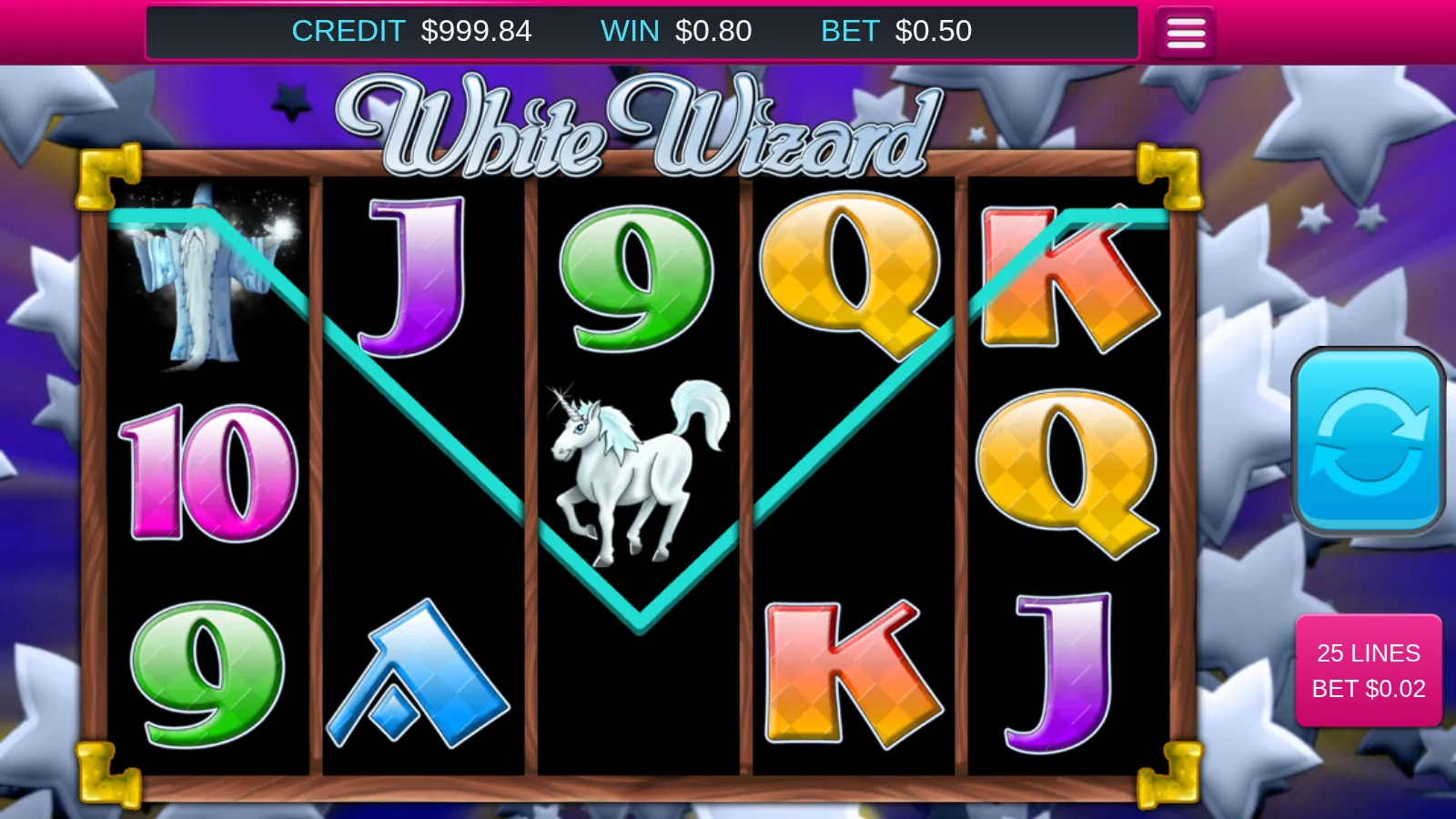 White Wizard reels with a winning payline highlighted in cyan and a Wizard on reel 1