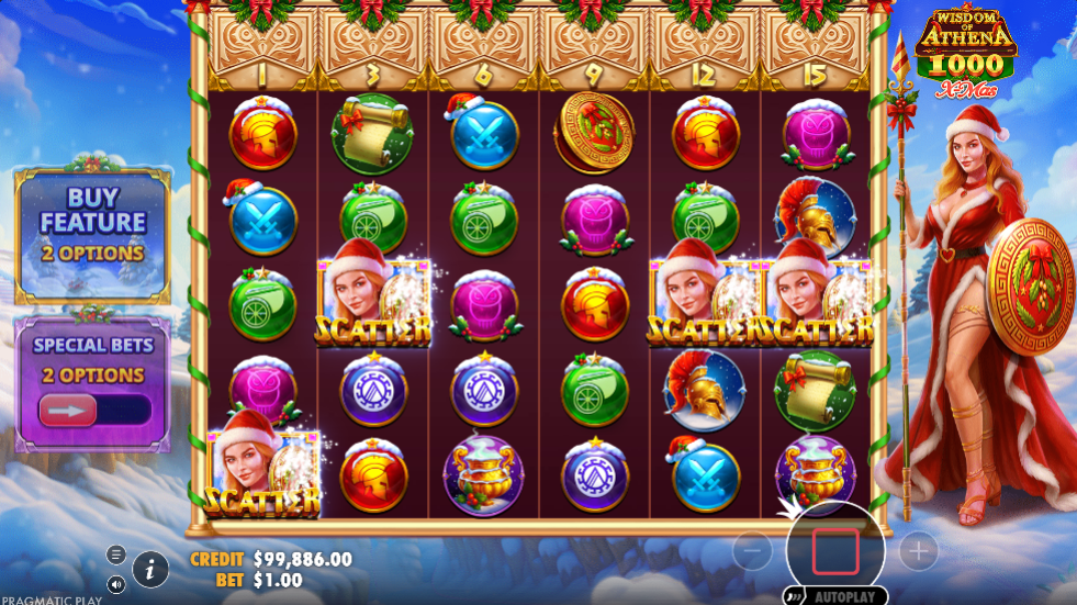 The free spins trigger on the festive grid, four Athena scatters lit among snow-capped symbols as the feature opens