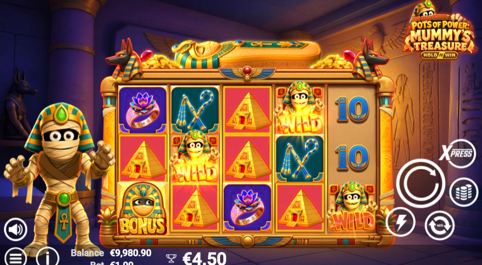 Base game with three mummy pharaoh wild symbols on the reels and a 4.50 win