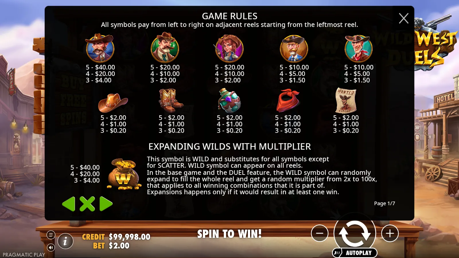 Wild West Duels paytable screen listing the five character symbols and five low symbols