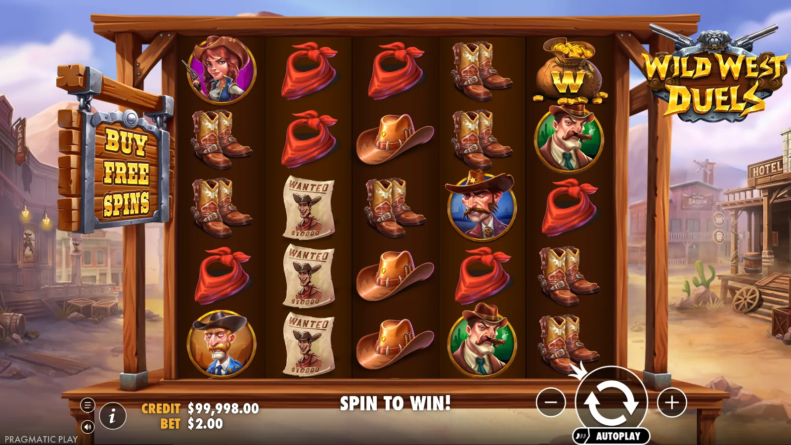 Wild West Duels 5x5 reels in standard play with a money bag wild at the top of reel 5