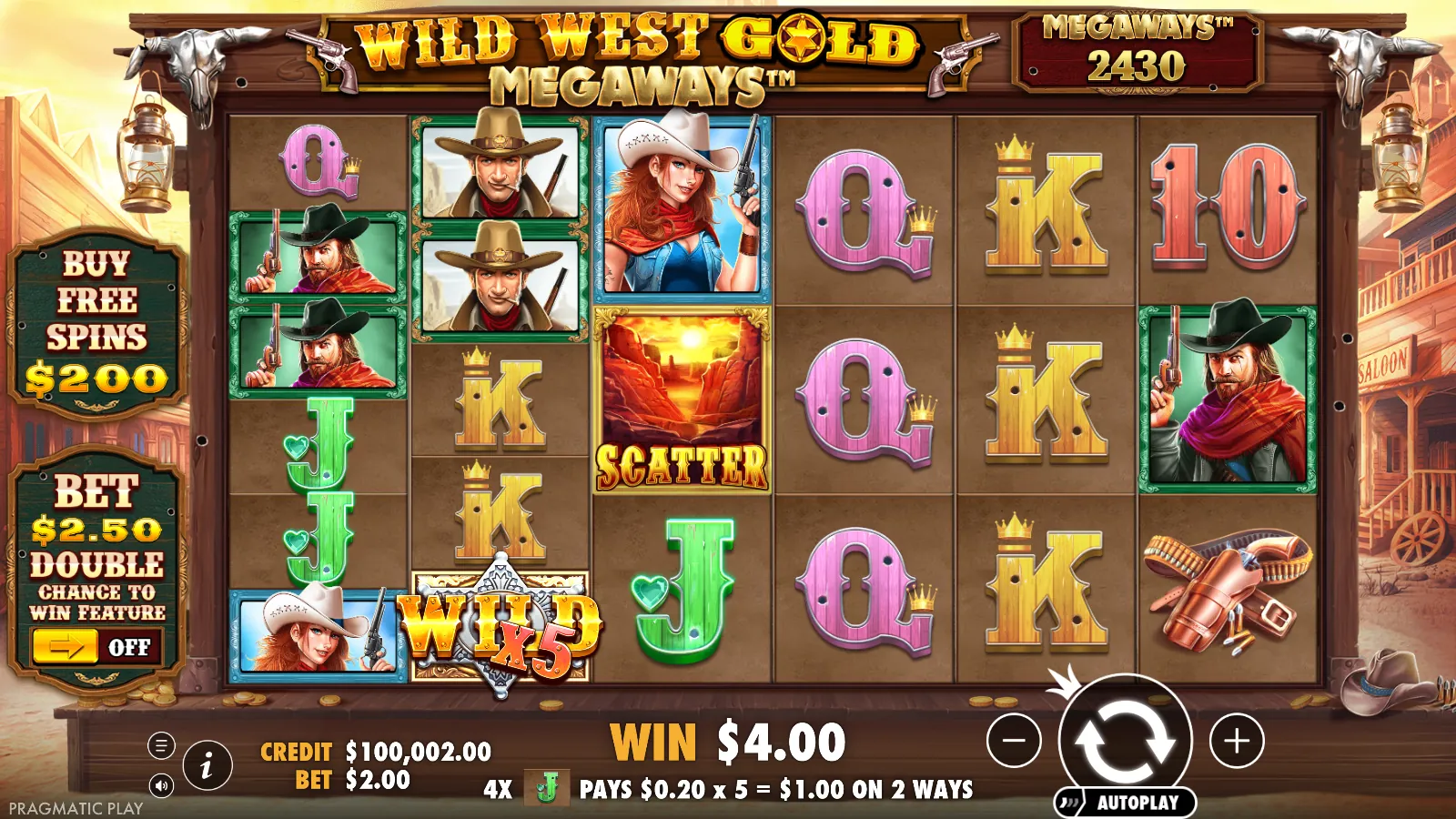 Wild West Gold Megaways spin paying $4.00 with a x5 wild on reel 2 and a scatter on reel 3