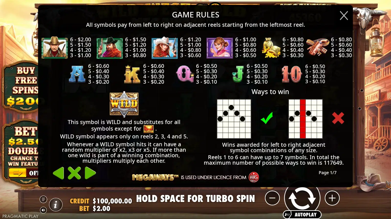 Wild West Gold Megaways rules page showing symbol values at $2.00 and the wild multiplier rule