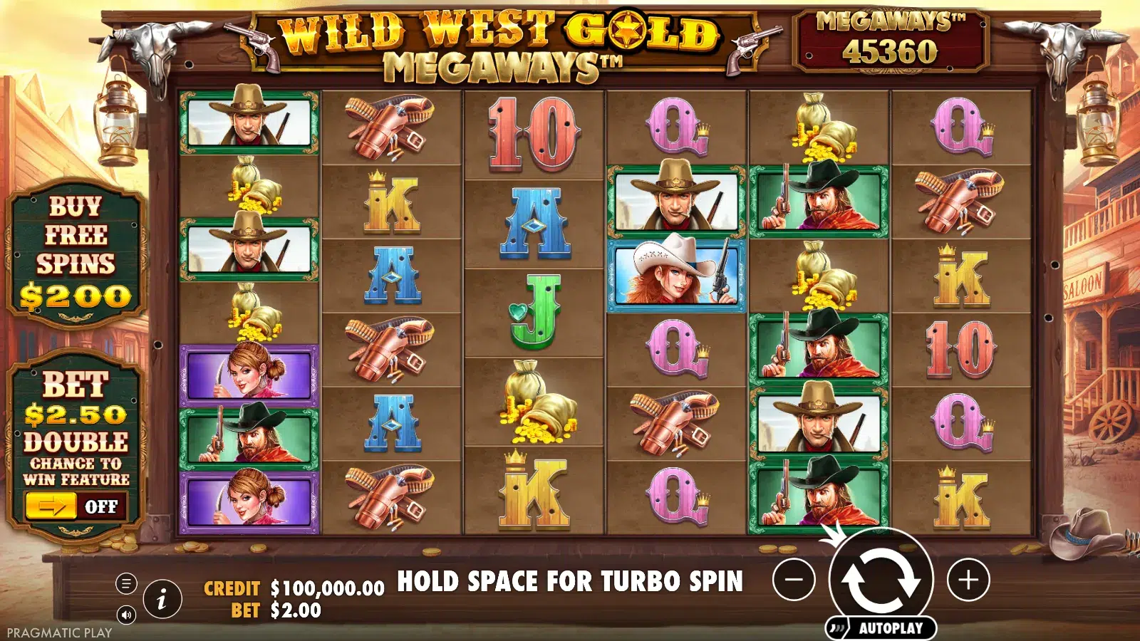 Wild West Gold Megaways reels at 45,360 ways with the $200 buy sign and $2.50 ante switch beside them