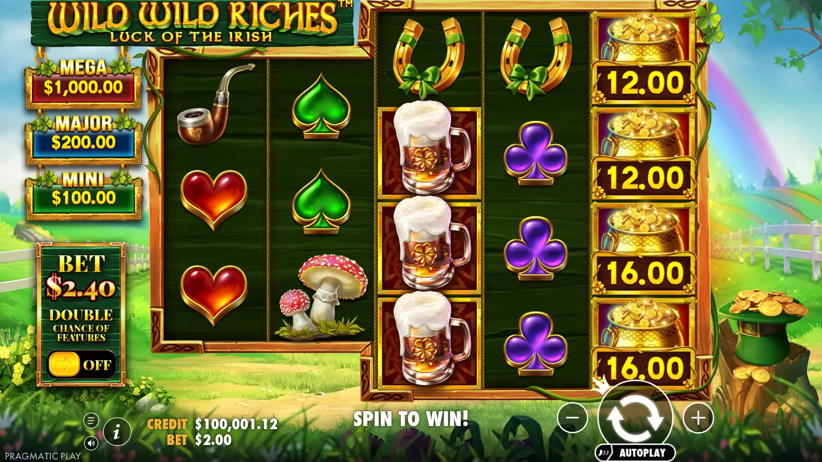 Wild Wild Riches reels with four money symbols on reel 5 showing 12.00, 12.00, 16.00 and 16.00 and no wilds on reels 1 and 2