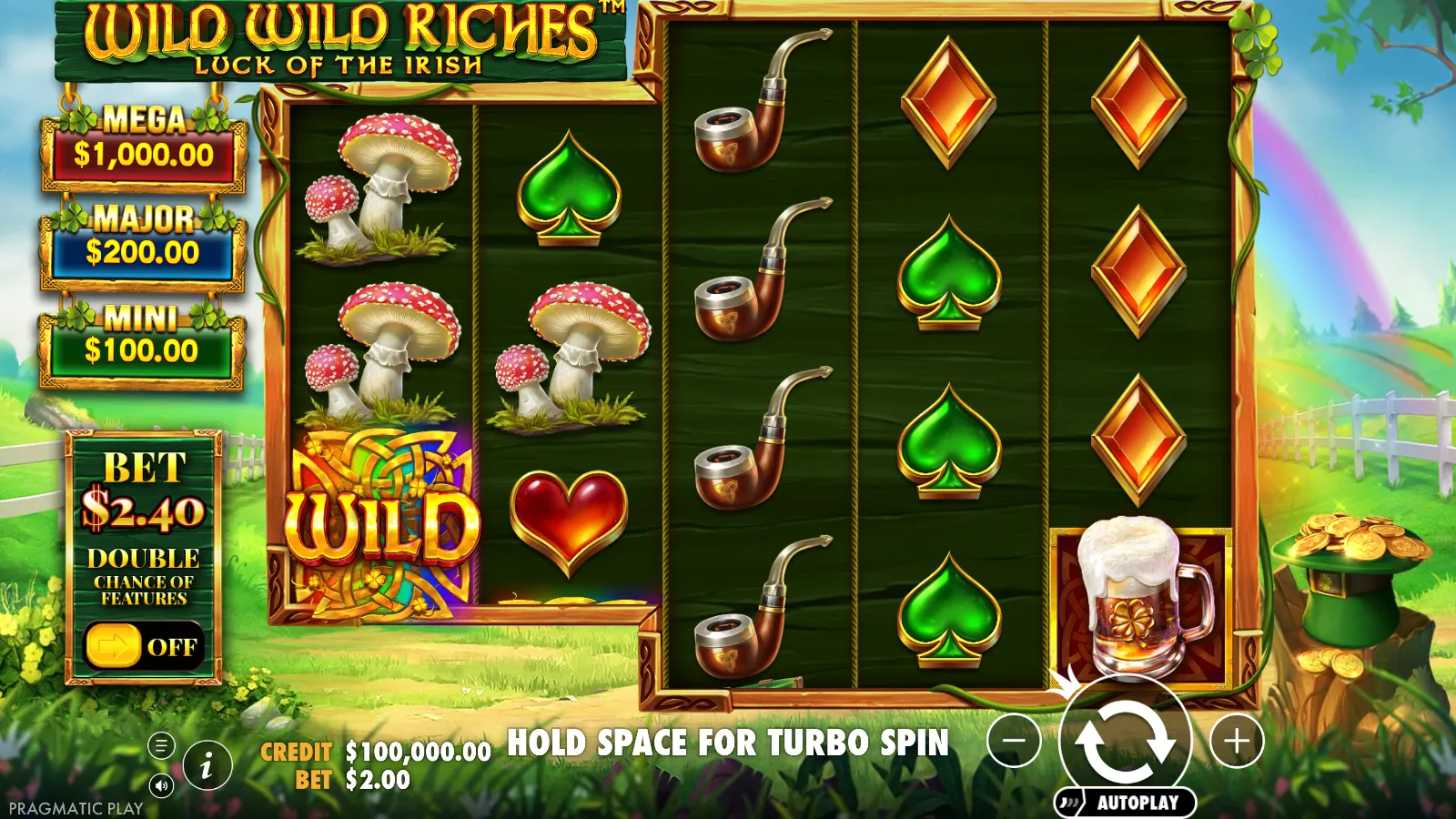 Wild Wild Riches base game with a wild on reel 1, the jackpot HUD and the Double Chance toggle off