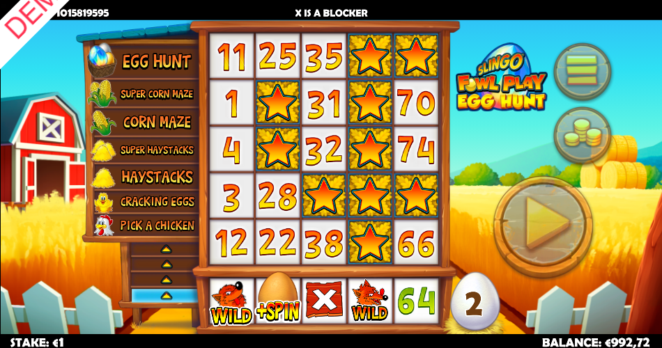 Slingo reel showing two fox Wilds, a golden Bonus Spin egg and a red cross Blocker