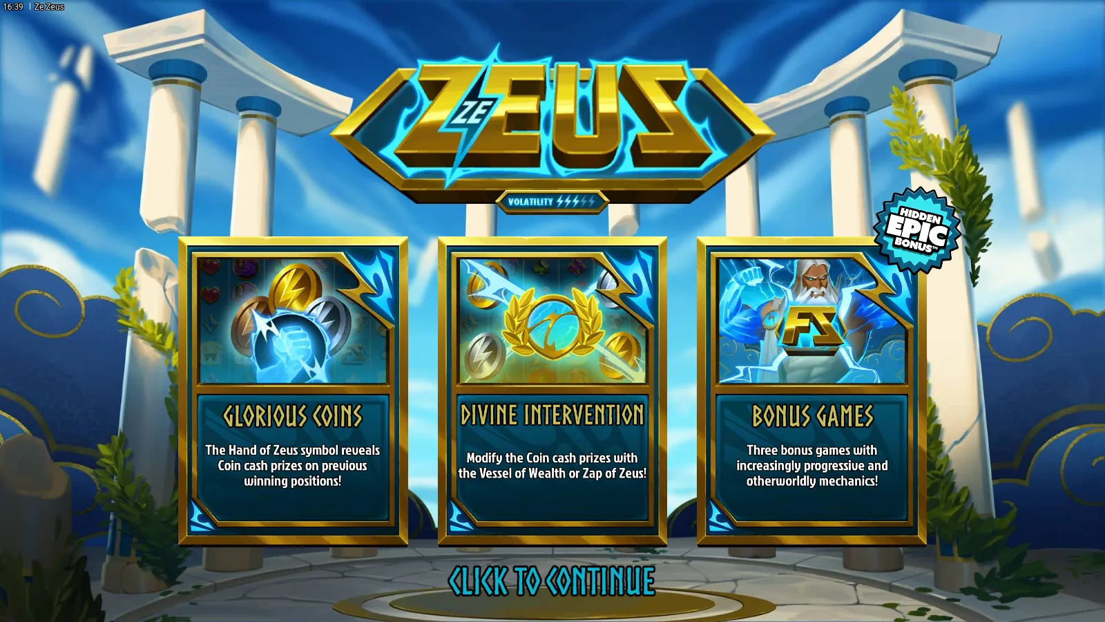 Ze Zeus splash with the Glorious Coins, Divine Intervention and Bonus Games cards