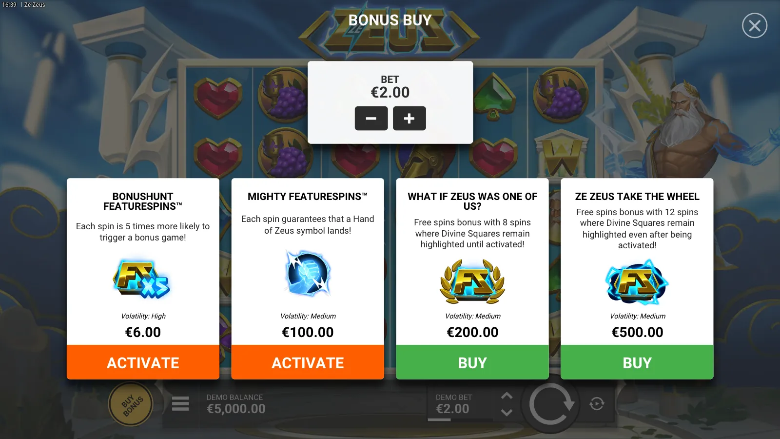 Ze Zeus bonus buy panel with four options