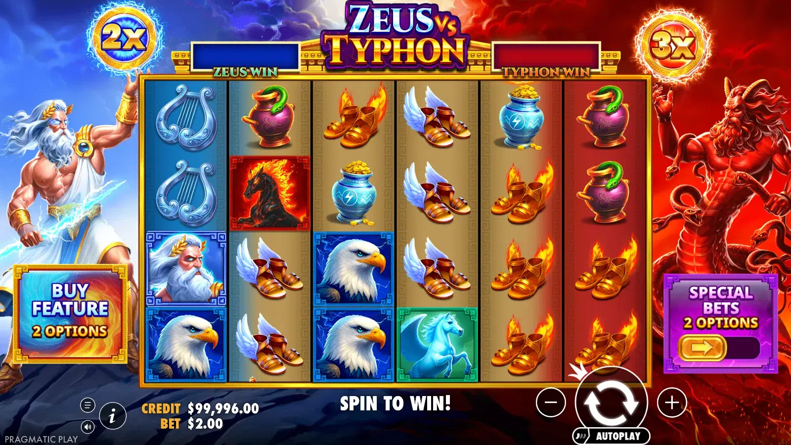 Zeus vs Typhon spin showing a 2x multiplier on the Zeus side and a 3x multiplier on the Typhon side