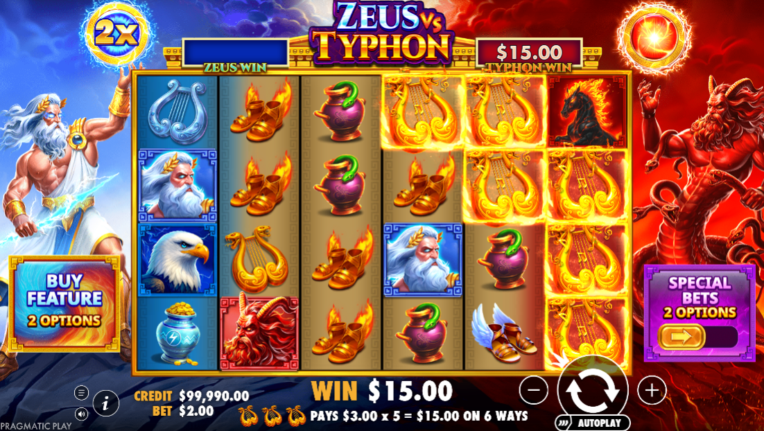 Zeus vs Typhon paying $15.00 from Typhon's right side, his 5x God Multiplier lifting a $3.00 win.
