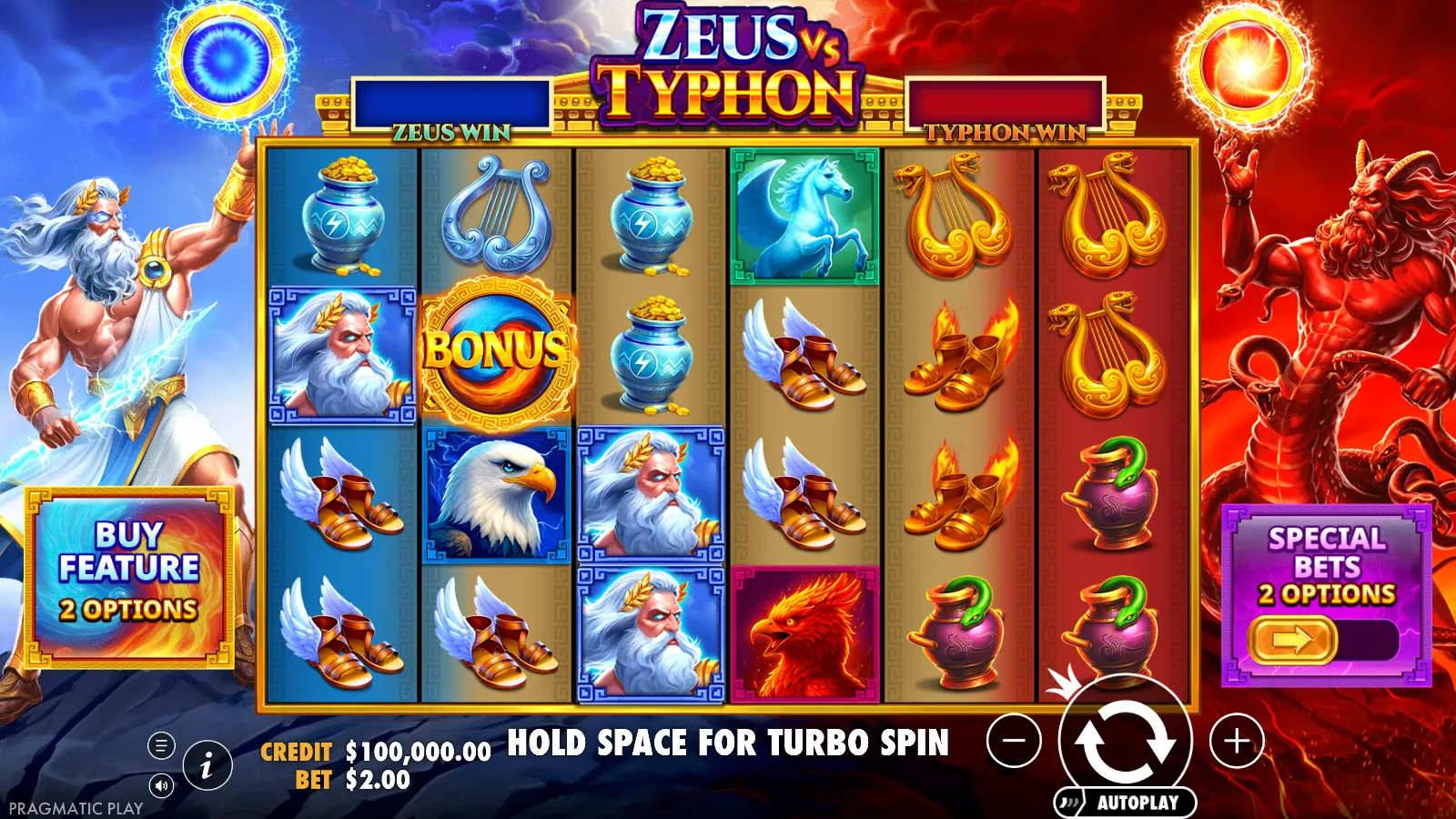 Zeus vs Typhon reels at the $2.00 demo stake, Zeus on the left, Typhon on the right, and empty win boxes above