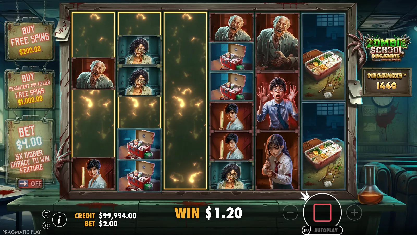 Zombie School Megaways reels mid-tumble, ways counter at 1,440 and a $1.20 win on screen