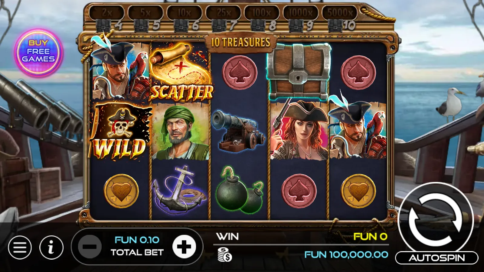 10 Treasures 5x3 reels on a ship's deck with a pirate flag Wild, a treasure map SCATTER, a treasure chest and the 2x to 5000x prize meter above the grid
