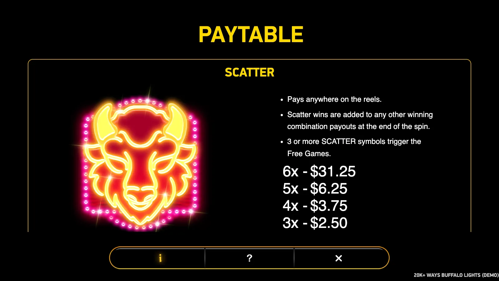 Paytable panel for the neon buffalo-head SCATTER with its rules and pays for 3 to 6 symbols