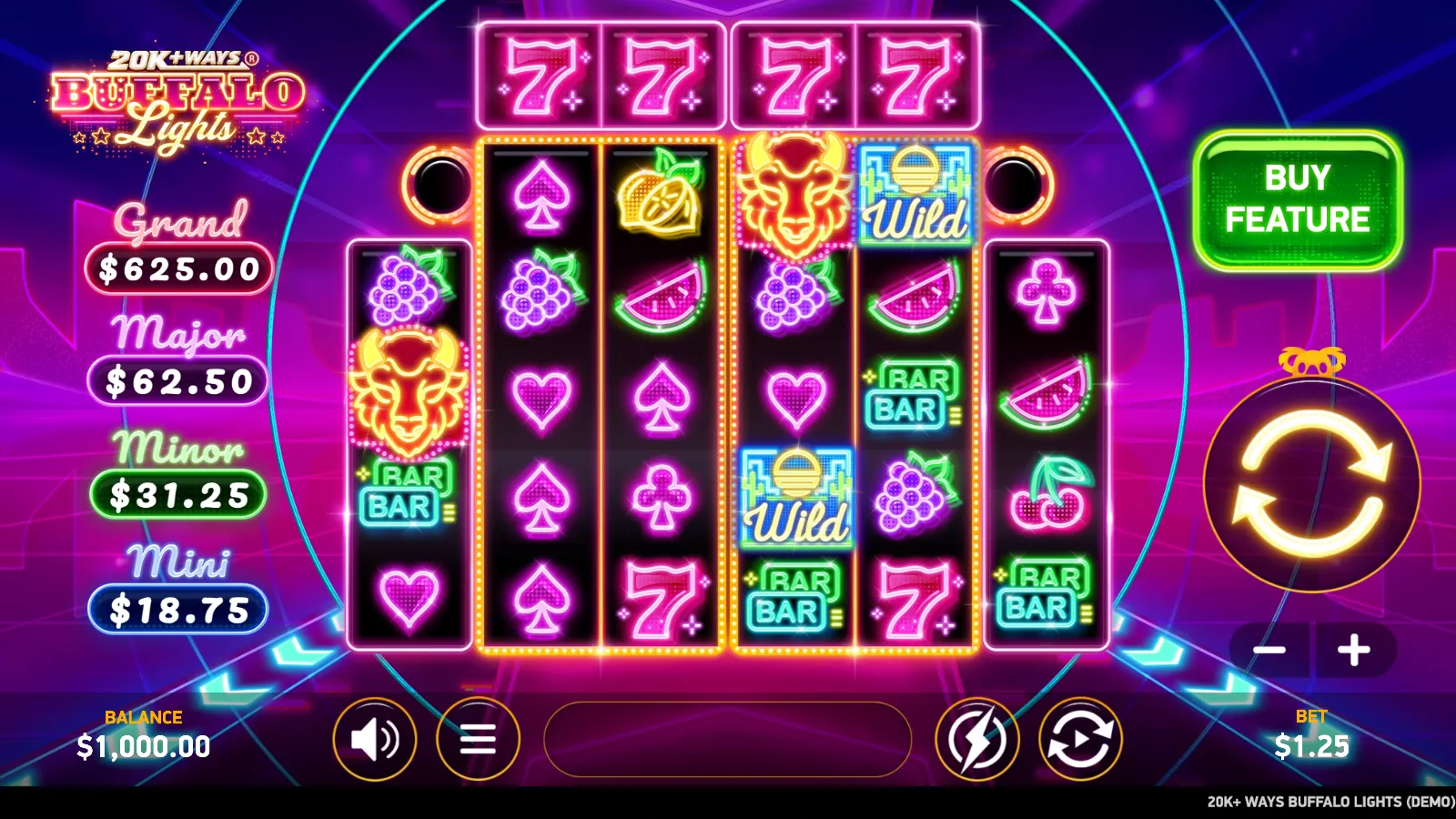 20K+ Ways Buffalo Lights neon reels in a 4-5-5-5-5-4 layout with the Booster Reel above, two buffalo SCATTERs, two Wilds, and the four jackpot pills