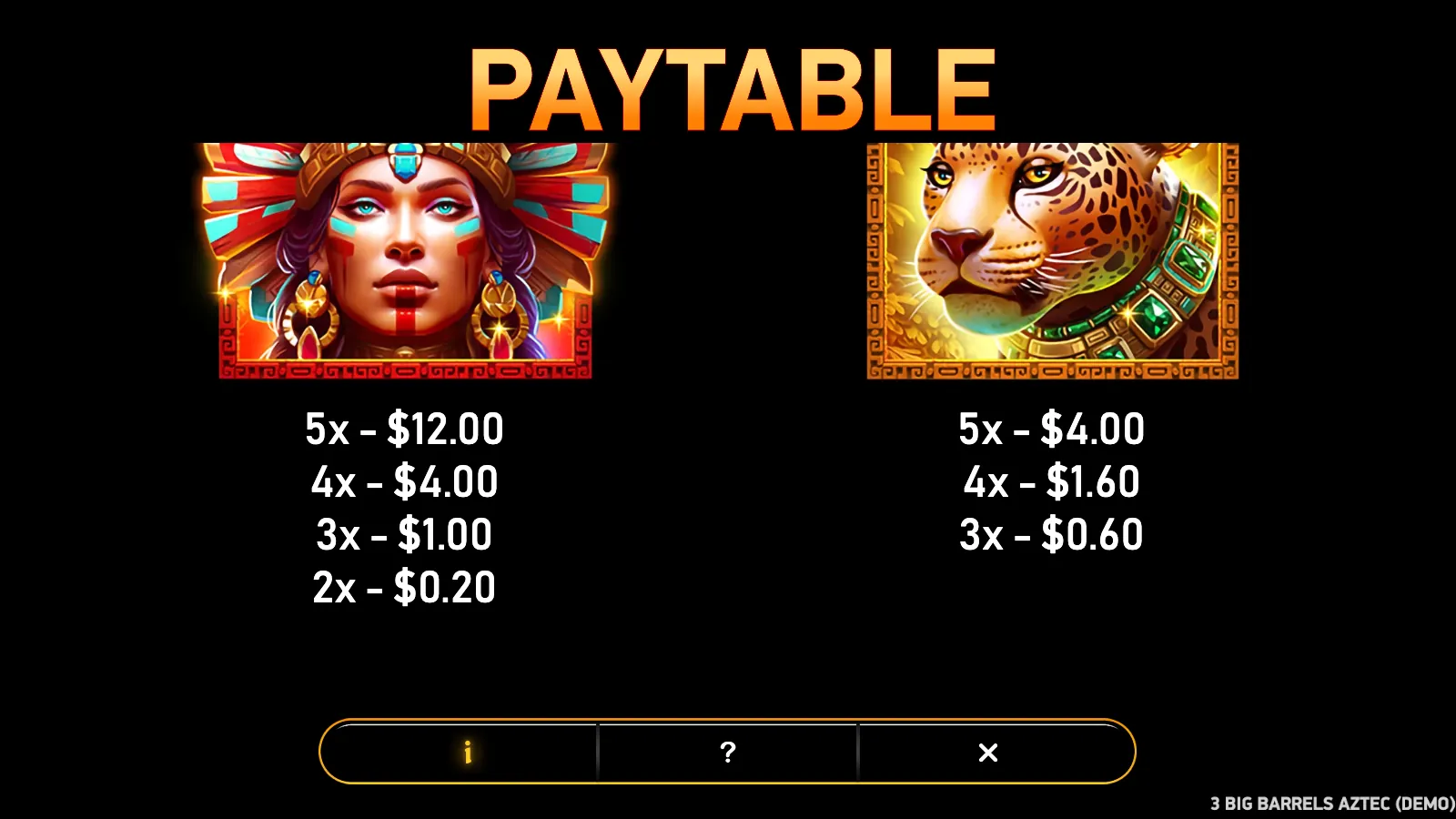 Paytable page with the Aztec woman in a feathered headdress and the jaguar in a gem collar, each with its pays