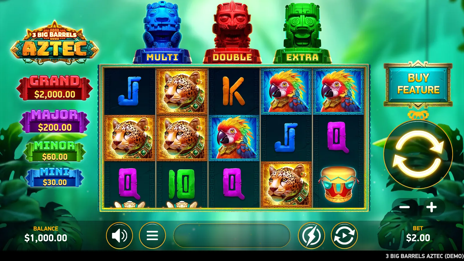 3 Big Barrels Aztec 5x3 reels of jaguars, parrots, and carved letters under the blue MULTI, red DOUBLE, and green EXTRA totems