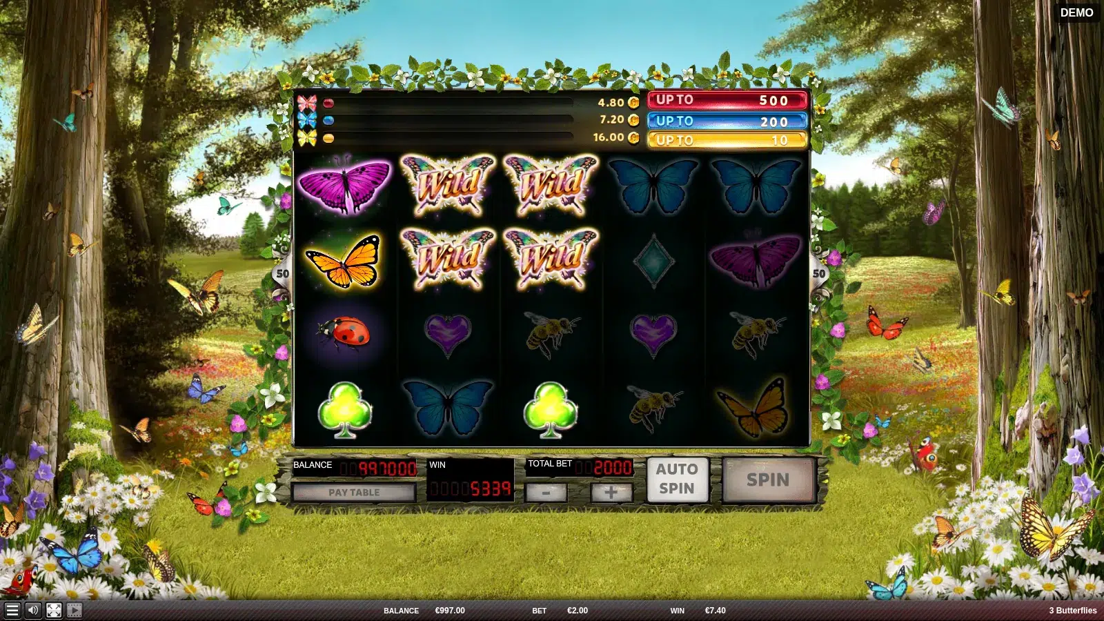 3 Butterflies reels with a 2x2 Flying Wild block on reels 2 and 3