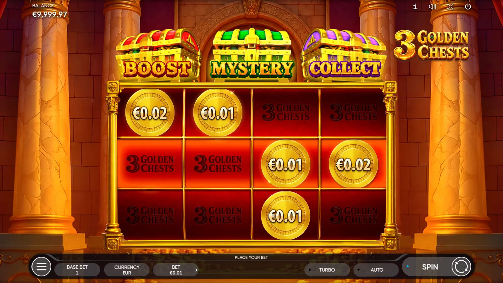 3 Golden Chests grid with five coins below three treasure chests
