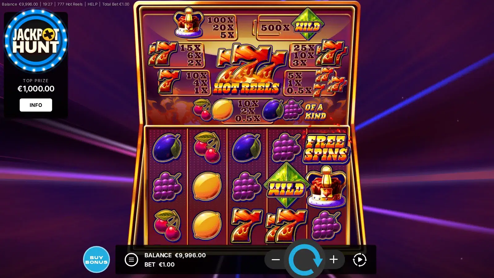 777 Hot Reels 5x3 reels with a Diamond Wild and a FREE SPINS symbol under the cabinet paytable