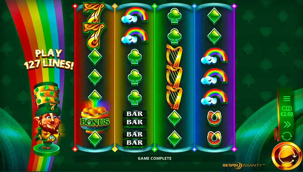 777 Rainbow Respins demo, four tall reels of sevens, rainbows and harps with a leprechaun beside them