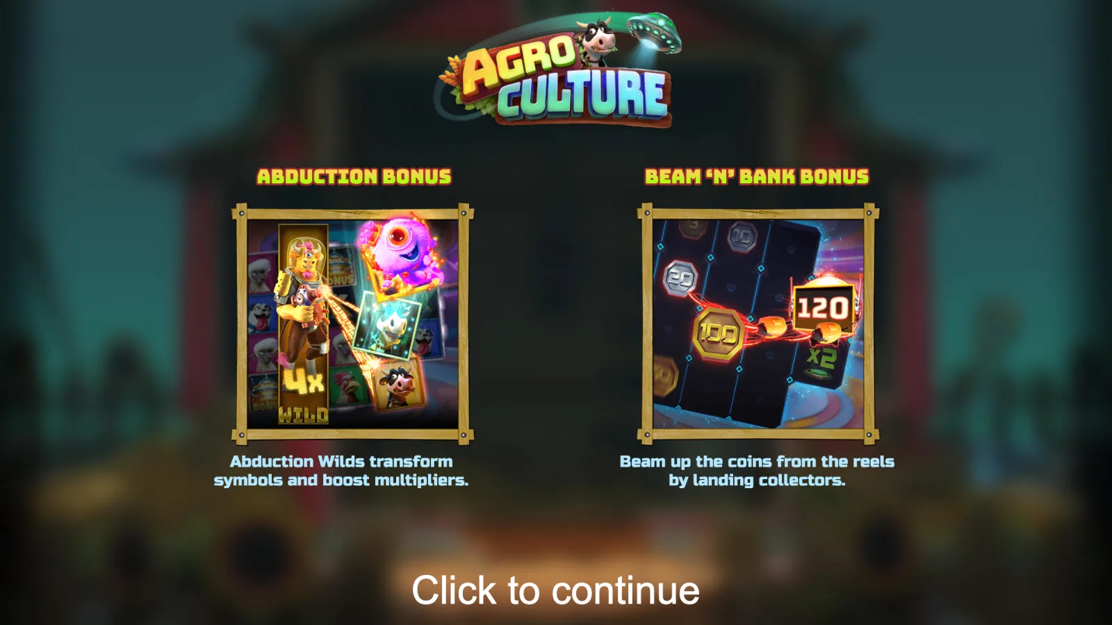 AgroCulture title screen with the logo and the Abduction Bonus and Beam 'N' Bank Bonus cards
