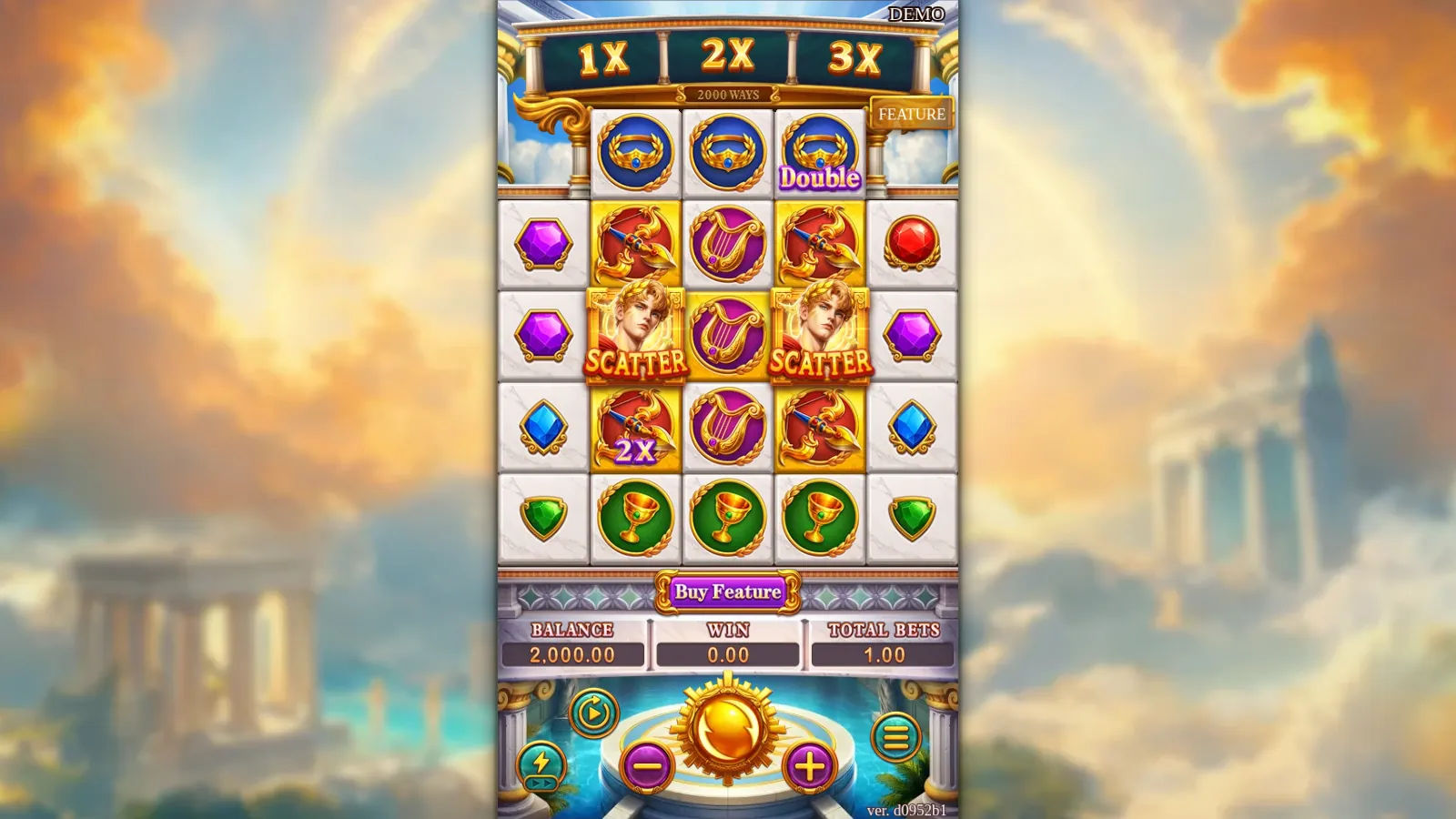 Apollo slot grid with two laurelled Scatters, gold-tiled bows, a 2X tag and a Double tag under the 1X 2X 3X bar