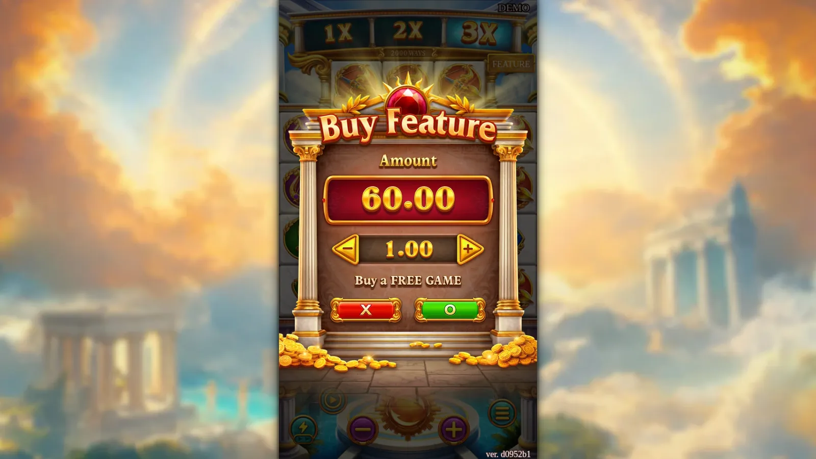 Apollo Buy Feature panel between white Corinthian columns pricing a FREE GAME at 60x