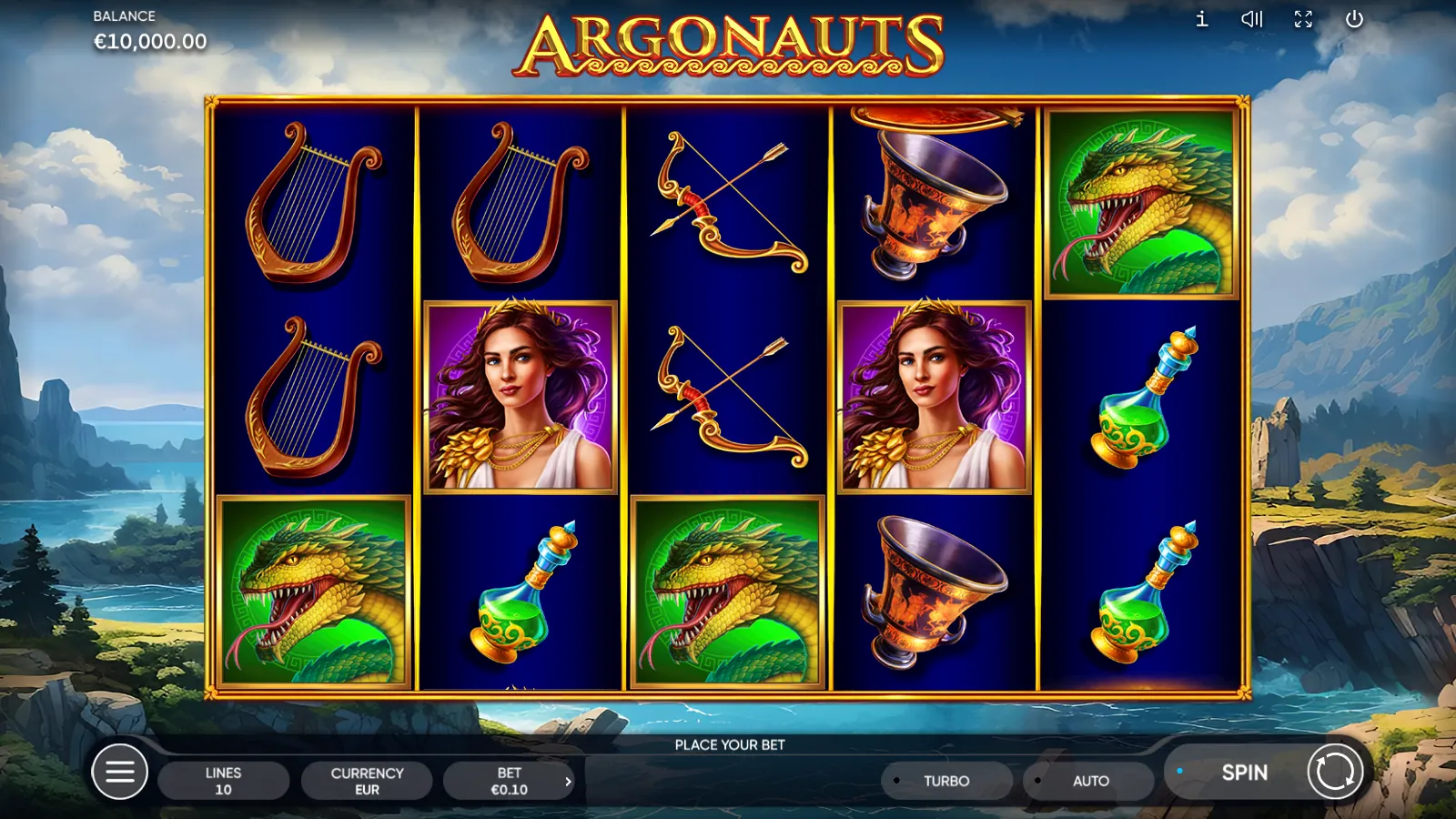 Argonauts 5x3 reels showing woman portraits, serpents, lyres, bows, vases and potion flasks