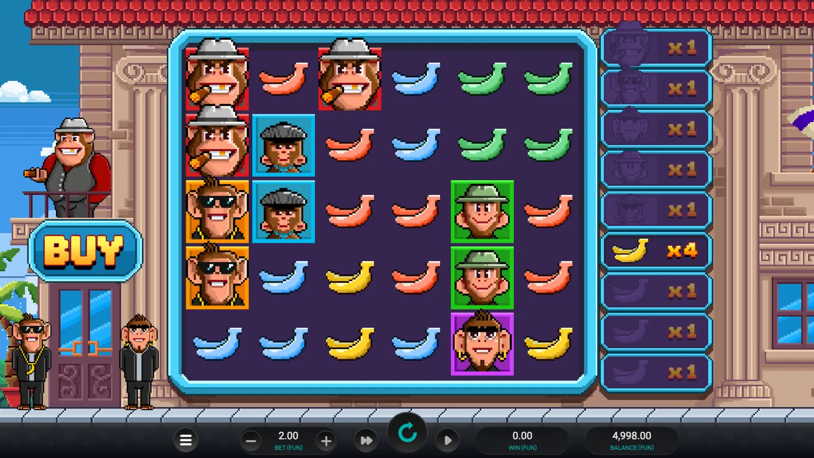 Banana Town reels with the yellow banana's multiplier at x4 in the side panel
