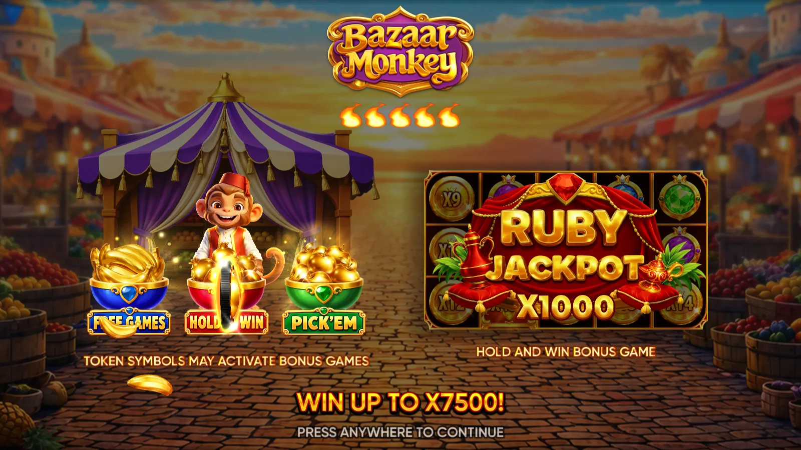 Bazaar Monkey intro screen with the monkey in a striped tent, three gold-filled bowls and a Ruby Jackpot X1000 panel