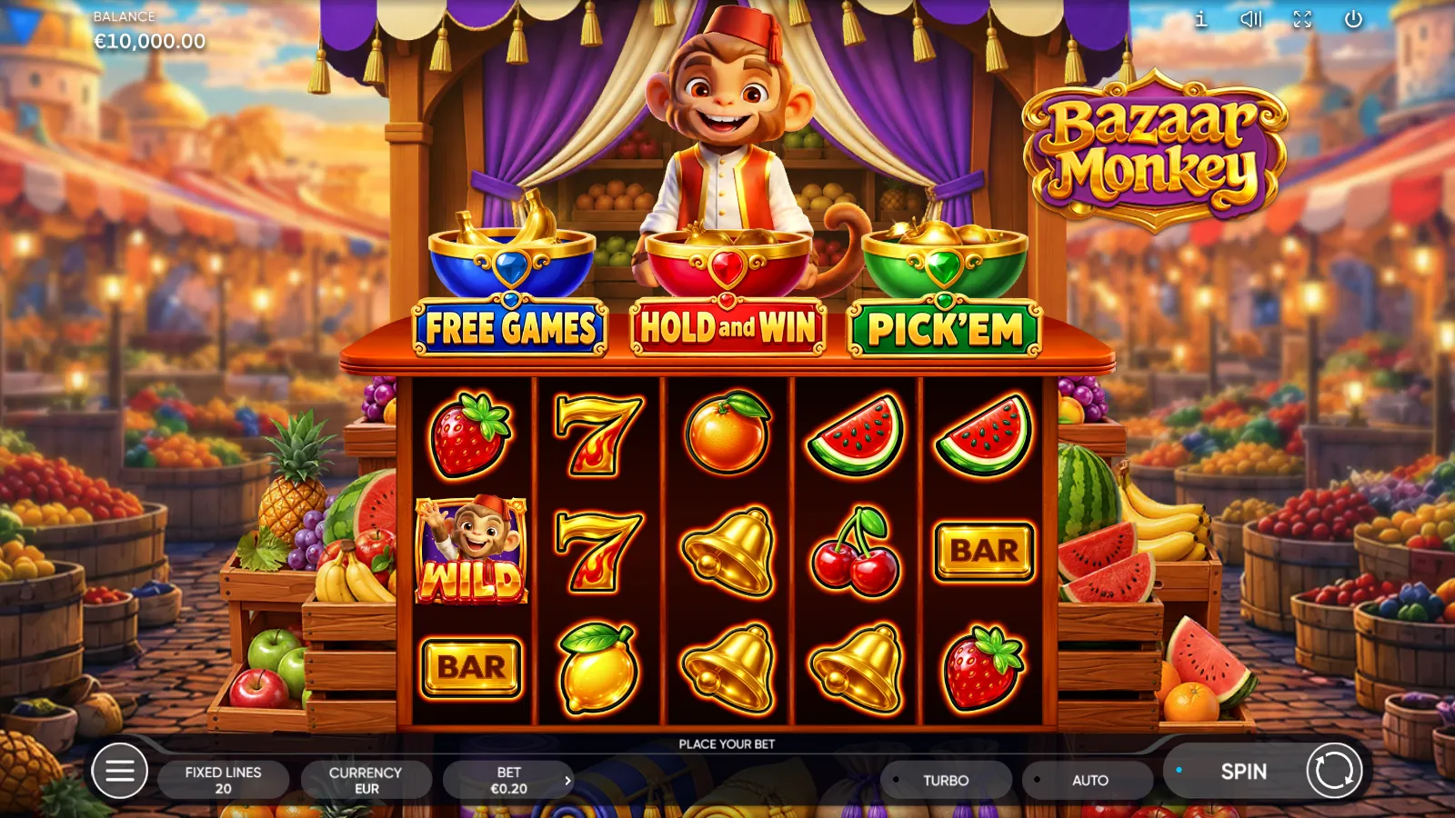 Bazaar Monkey reels with the monkey Wild on reel 1, two gold 7s on reel 2 and three fruit bowls above the grid