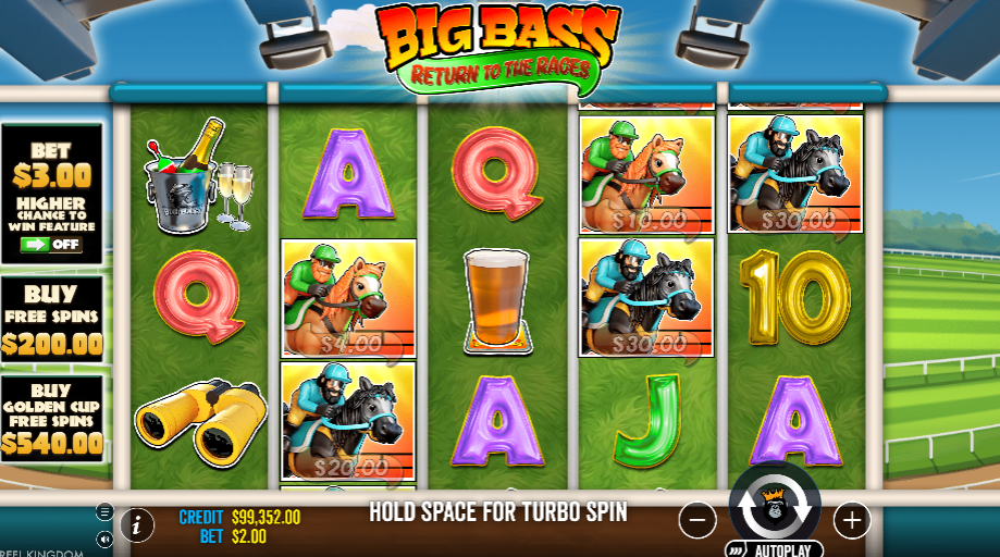 Big Bass Return to the Races reels with five jockey money symbols showing $4 to $30 values