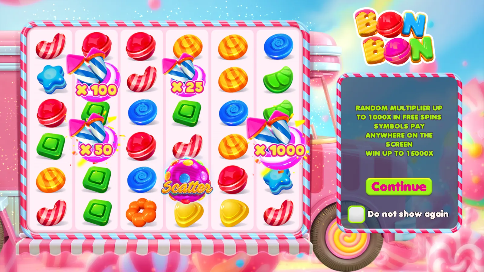 Bon Bon intro card with multiplier cones marked x100, x25, x50 and x1000 and a Scatter on the 6x6 candy grid