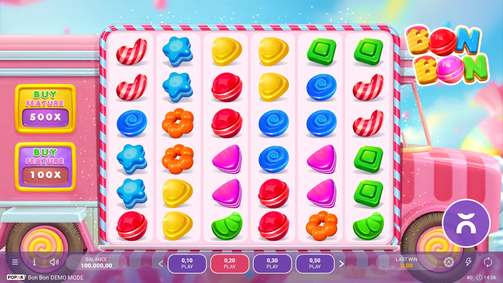 Bon Bon 6x6 candy grid with the 500X and 100X buy feature plates on the side of a pink candy truck