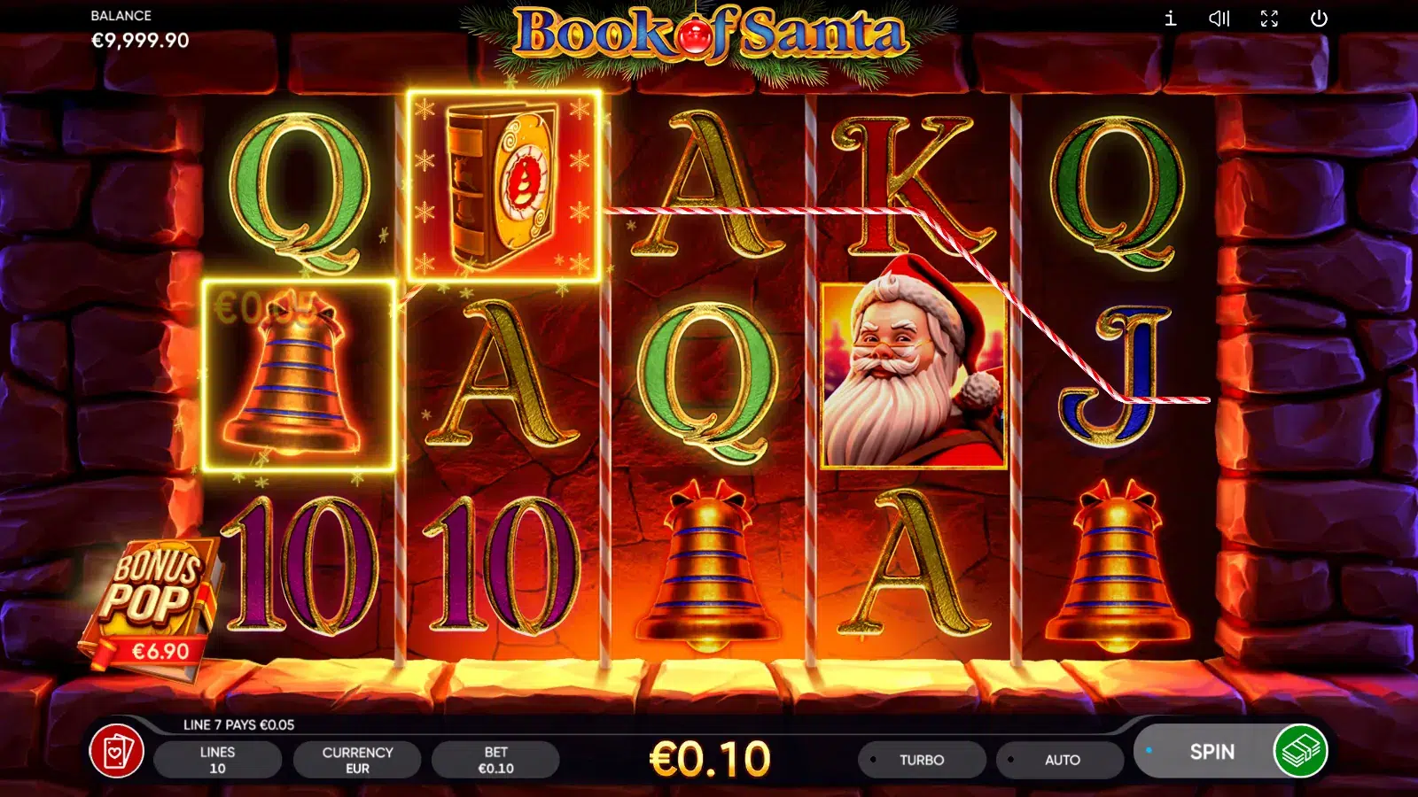 Book of Santa win with a gold-framed book on reel 2 and a bell on reel 1 joined by a candy-cane payline