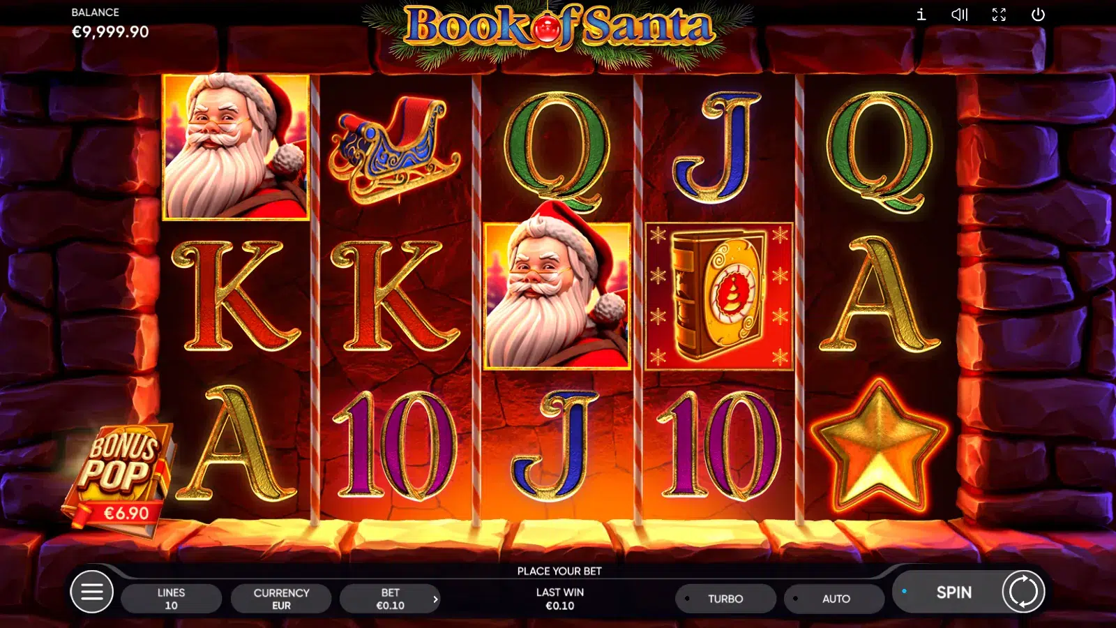 Book of Santa reels with two Santa tiles, a sleigh, a book and a star inside a brick fireplace