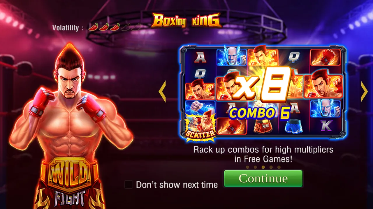 Boxing King intro art: red-haired boxer with a gold WILD belt beside a small reel grid in a lit boxing arena