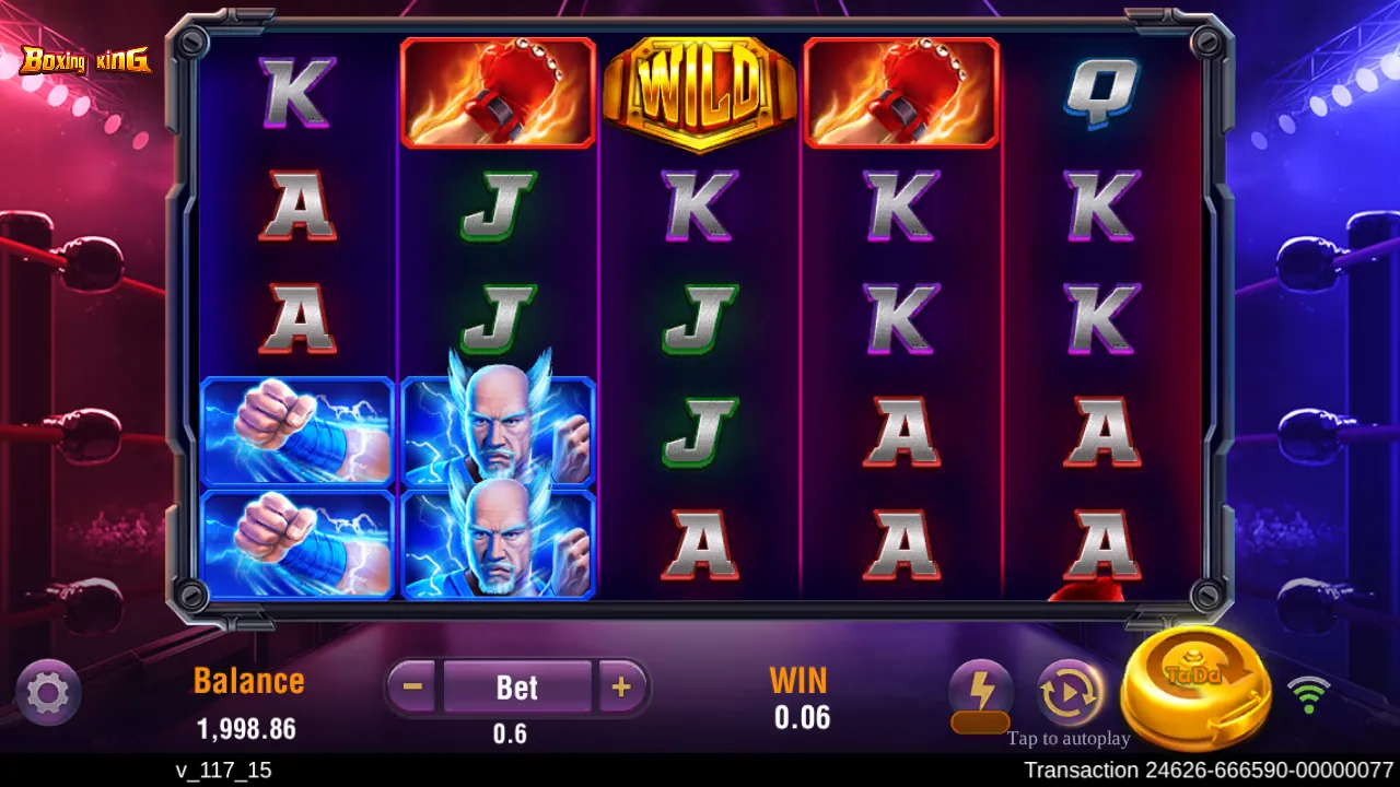Boxing King 5x5 grid with a gold WILD belt on reel 3, red gloves on reels 2 and 4, and blue symbols low on reels 1 and 2