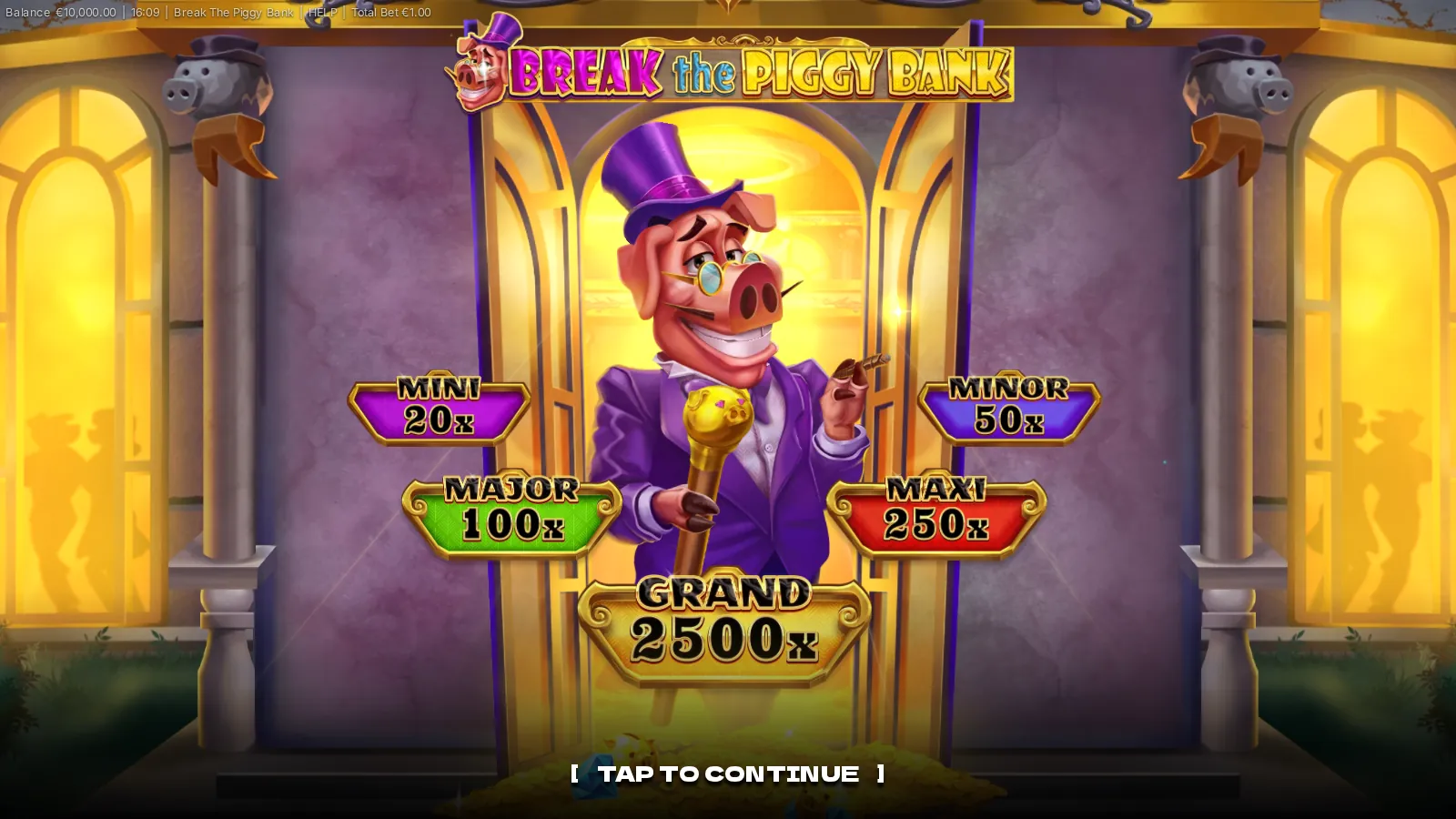 Break the Piggy Bank splash with the top-hatted pig and five jackpot plaques