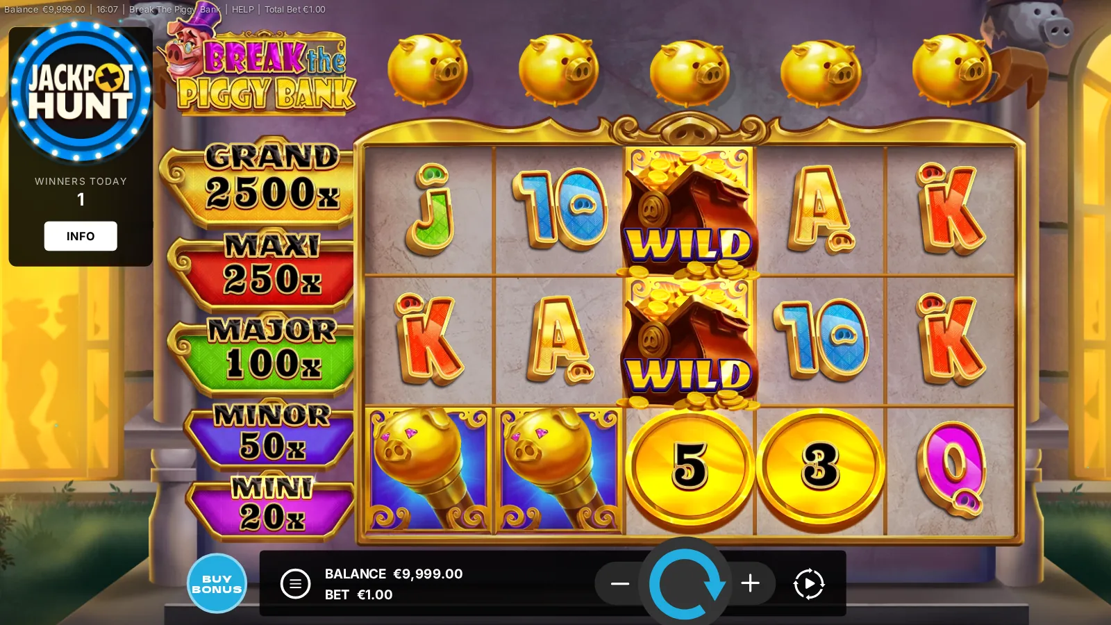 Break the Piggy Bank 5x3 reels with Golden Coins 5 and 3 and a stacked Wild on reel 3