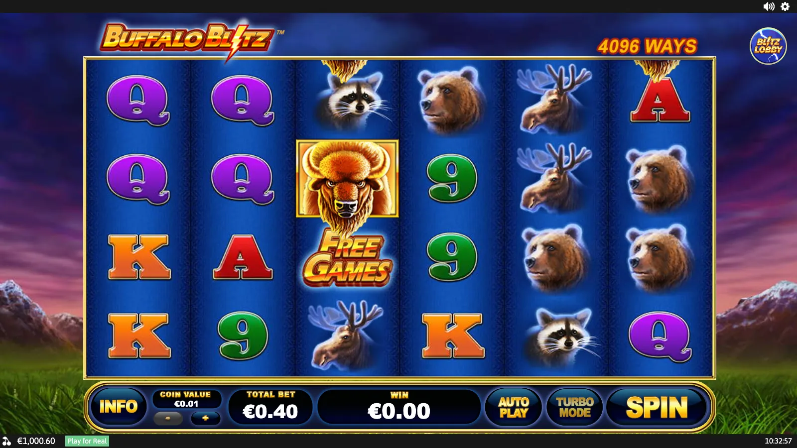 Buffalo Blitz reels with a buffalo above a FREE GAMES scatter on reel 3 and bears and moose on reels 5 and 6