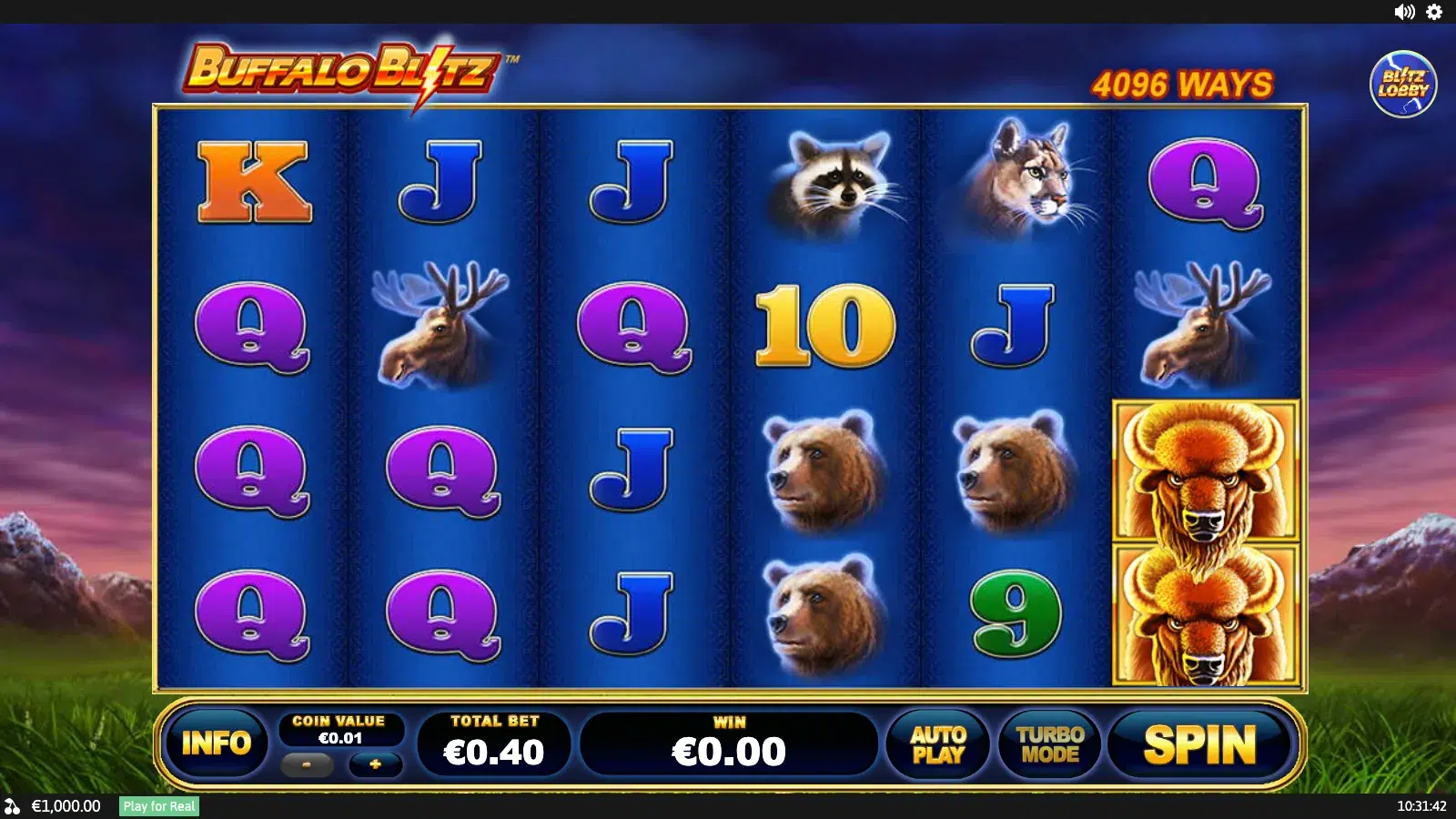 Buffalo Blitz reels: two stacked buffalo on reel 6 beside three bears, two moose, a raccoon and a cougar on a 6x4 grid