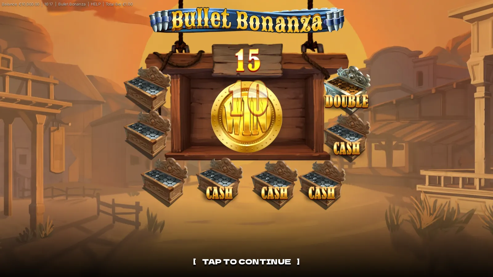 Bullet Bonanza intro screen with a gold WIN coin on a wooden board ringed by CASH and DOUBLE chests