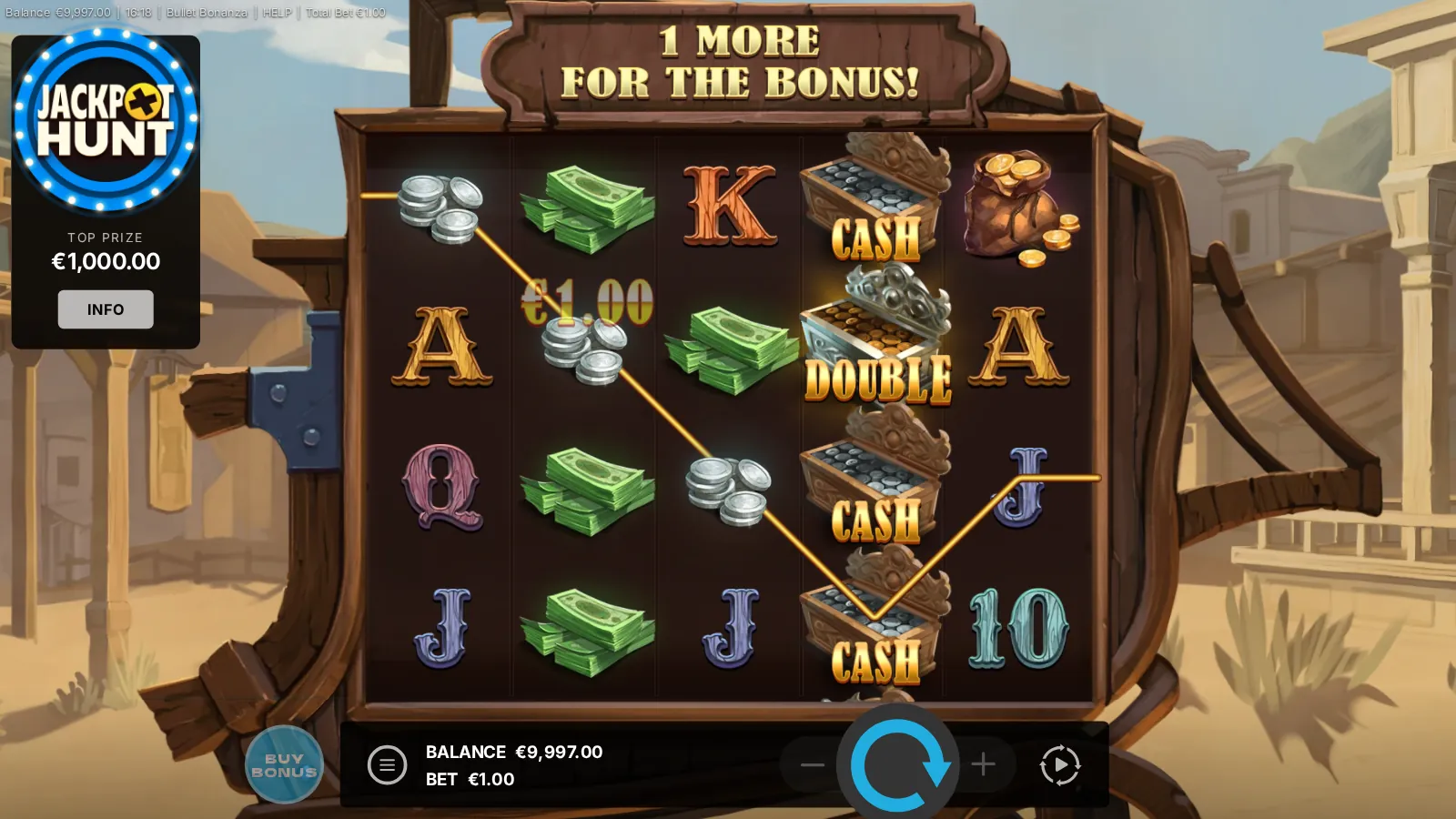 Bullet Bonanza reels with CASH and DOUBLE Bullet Boxes filling reel 4 under a 1 more for the bonus sign