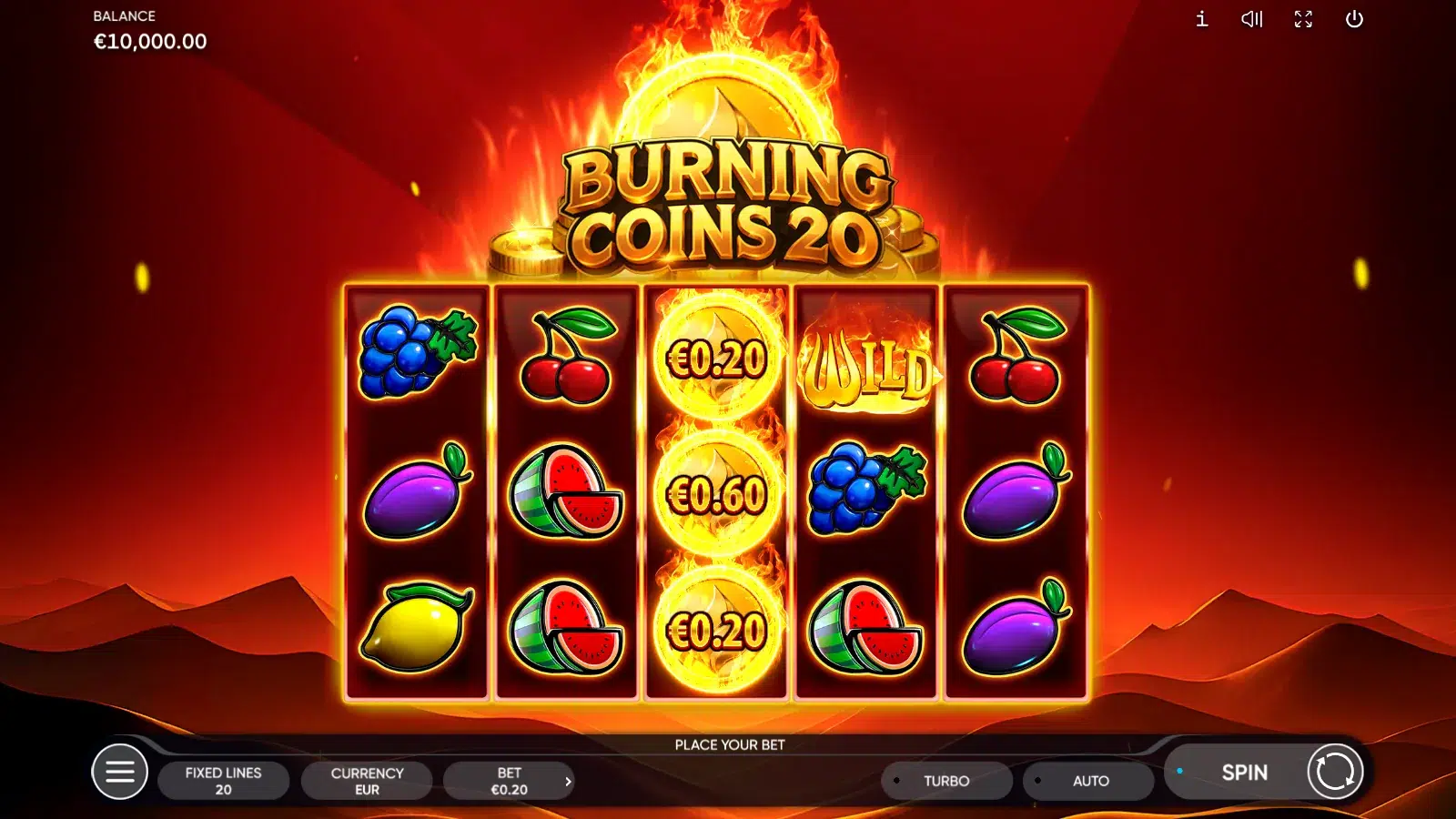 Burning Coins 20 reels with Burning Coins worth 1x, 3x and 1x on reel 3 and a WILD on reel 4