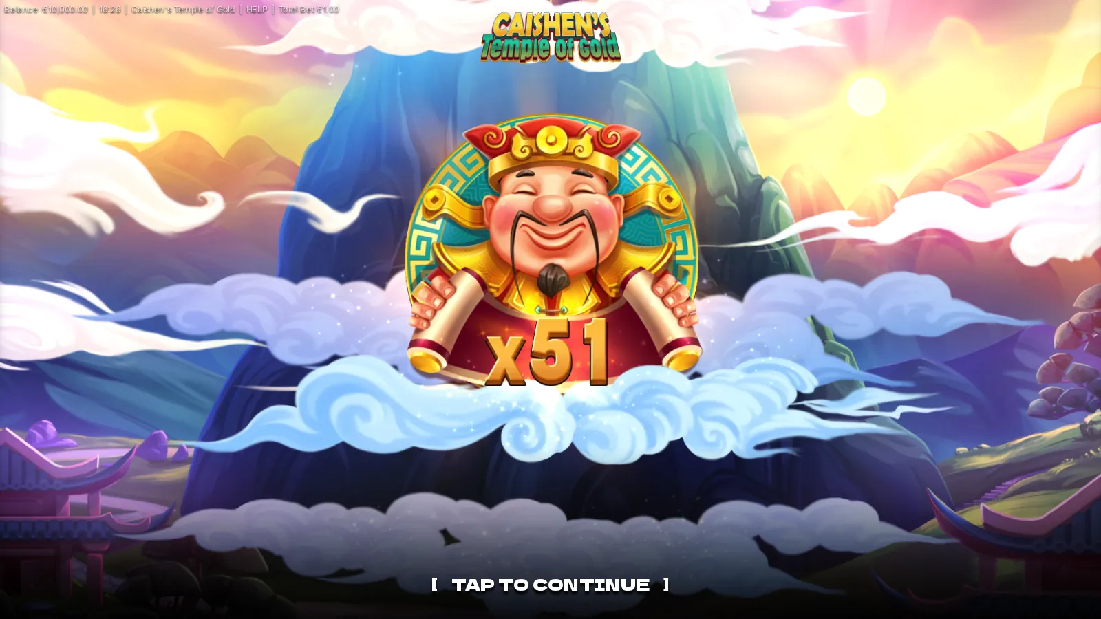 Caishen's Temple of Gold splash screen with Caishen in a teal medallion above clouds
